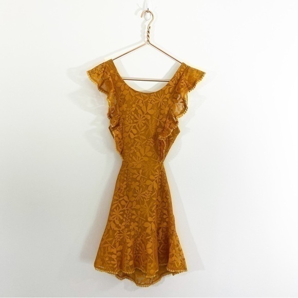 Angel Biba NWT Small Mustard Yellow Lace Open Back Mini Dress Sleeveless - Picture 1 of 11